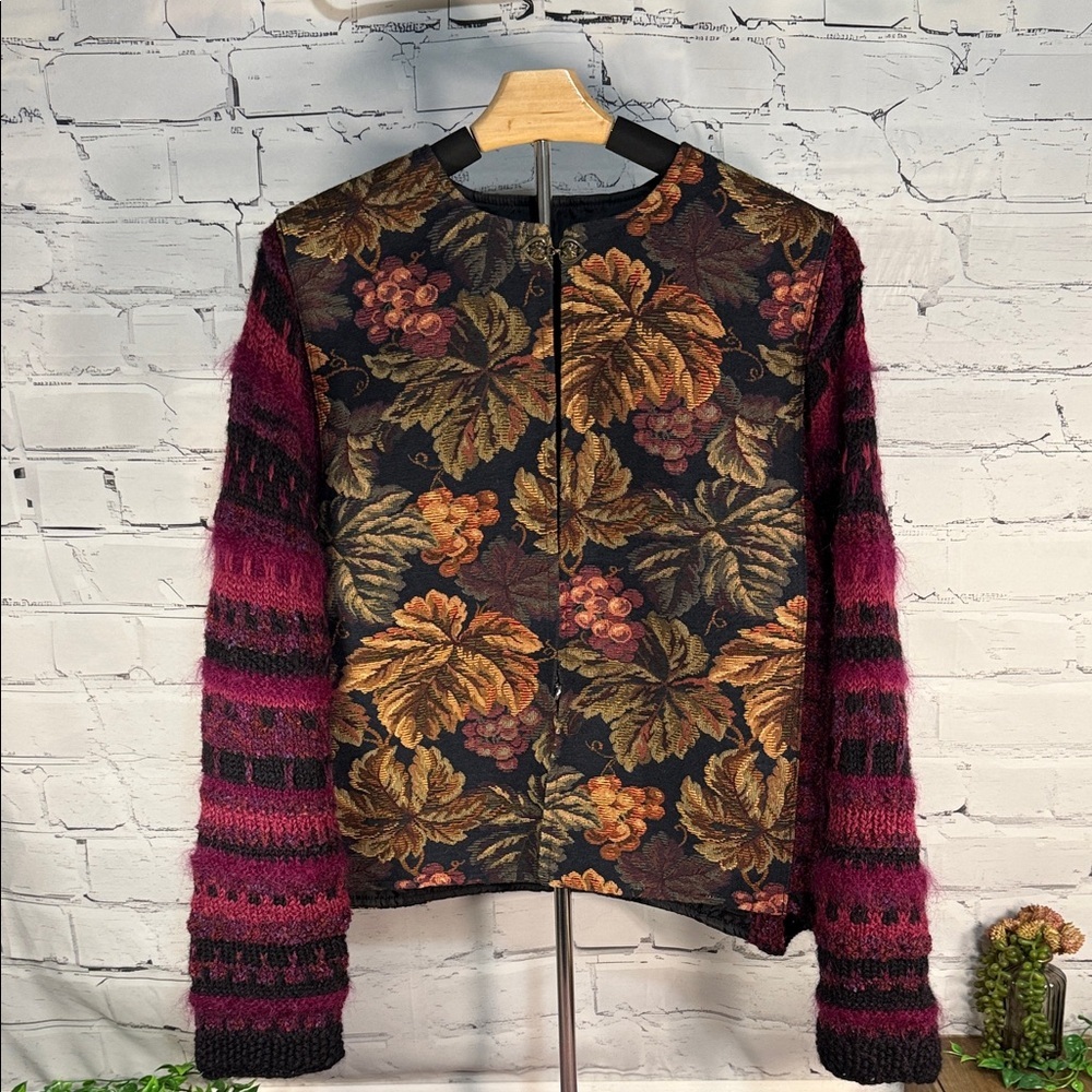 Floral and Grapevine Tapestry Jacket Knit Sleeves. Eclectic Grandma. Vintage - Picture 2 of 14